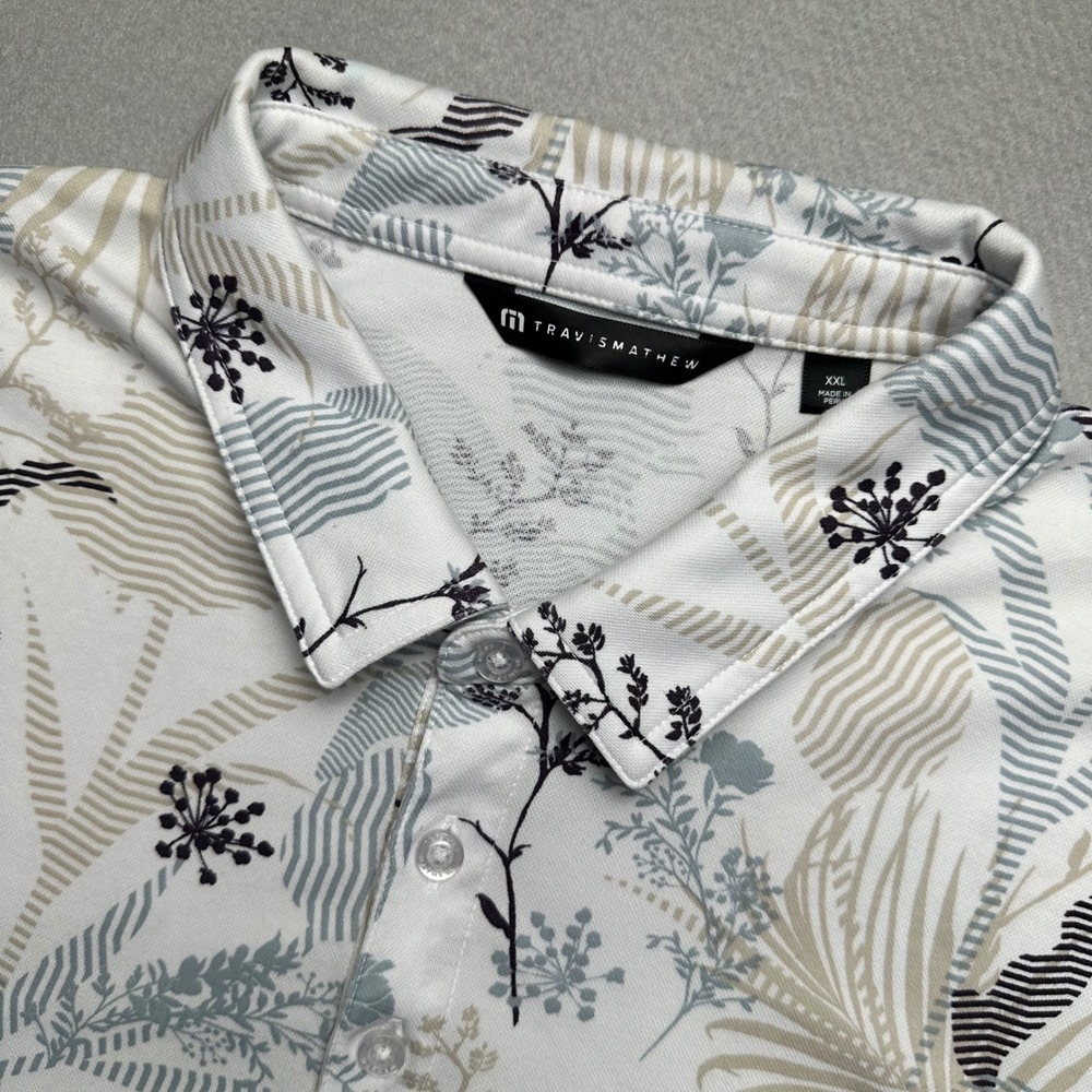 TravisMathew Polo Shirt Mens XXL White Botanical Print Fair Oaks Ranch Golf
